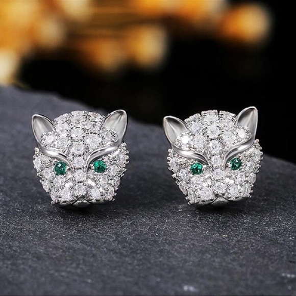 Jewelry - Leopard Cat Panther Head, Green Eyes, Crystal, Cubic Zirconia Stud Earrings